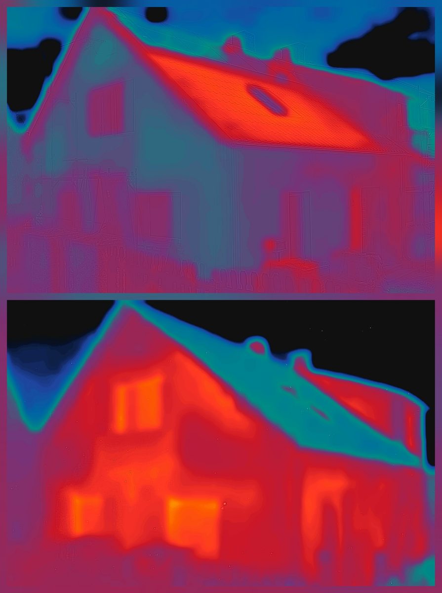 Duas imagens termográficas de uma moradia unifamiliar sobrepostas, antes e depois do revestimento. As superfícies da fachada e o telhado destacam-se claramente pela cor.
