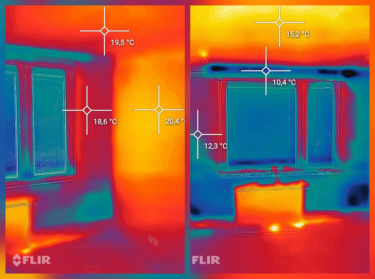 Duas imagens termográficas de uma sala de estar lado a lado. À direita, pontos de medição frios com 15,2, 10,4 e 12,3 graus na parede e na verga da janela; à esquerda, o mesmo local com 19,5, 18,6 e 20,4 graus.