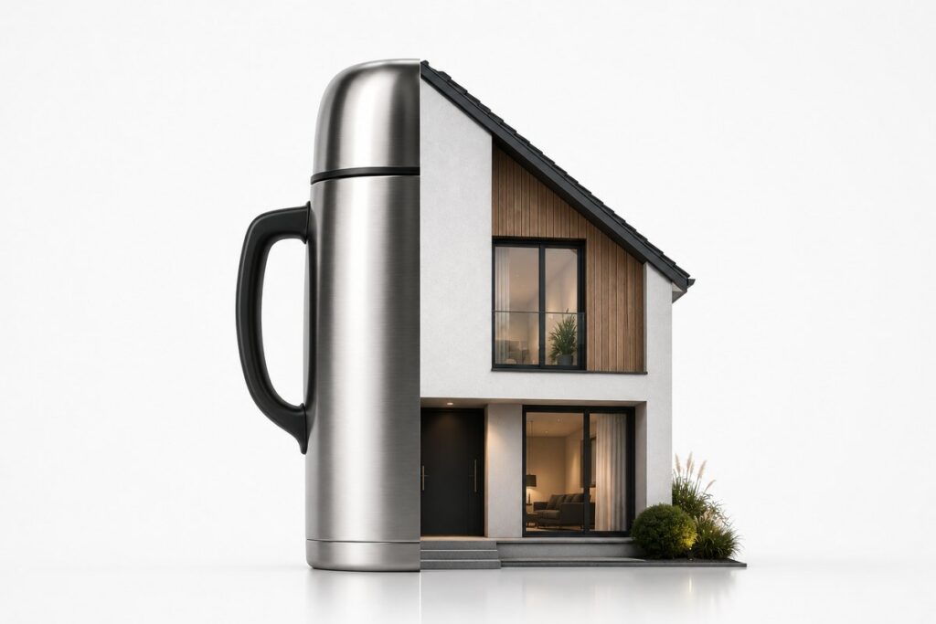 Uma moradia cuja metade esquerda está representada como um termo — o revestimento mantém o calor dentro do edifício, em vez de tornar a parede mais espessa.